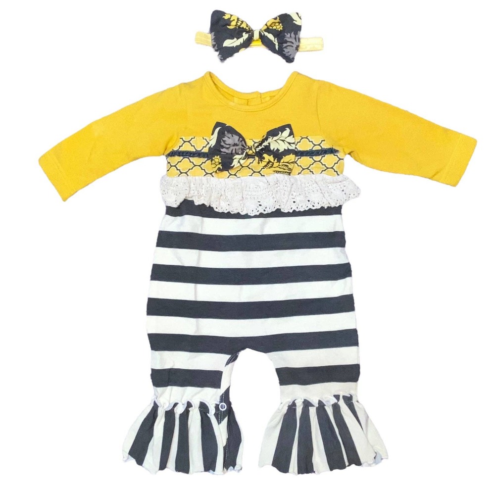 6/9 Ricrac & Ruffles Baby Girls Boutique Black Yellow Persnickety Romper Outfit